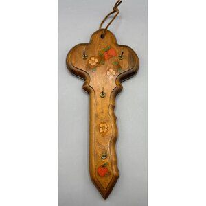 Vtg Decorative Wooden Key Shaped Wall‎ Hook Strawberry Flower Hanging